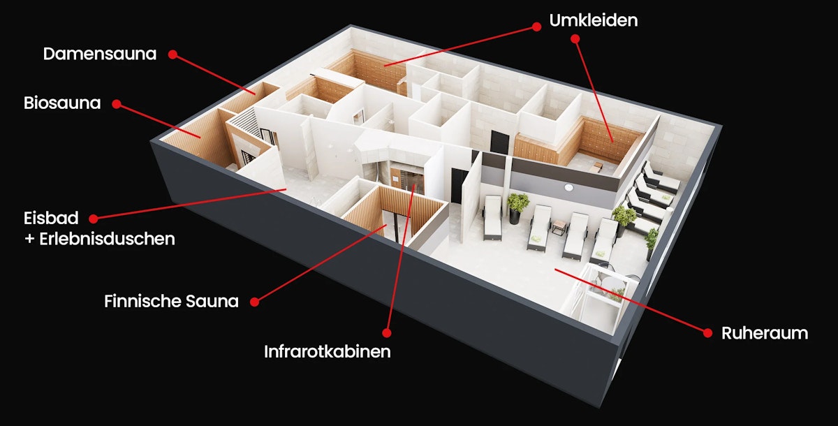 Grundriss Wellness-Bereich: Damensauna, Biosauna, Eisbad mit Erlebnisduschen, Finnische Sauna, Infrarotkabinen, Umkleiden und Ruheraum