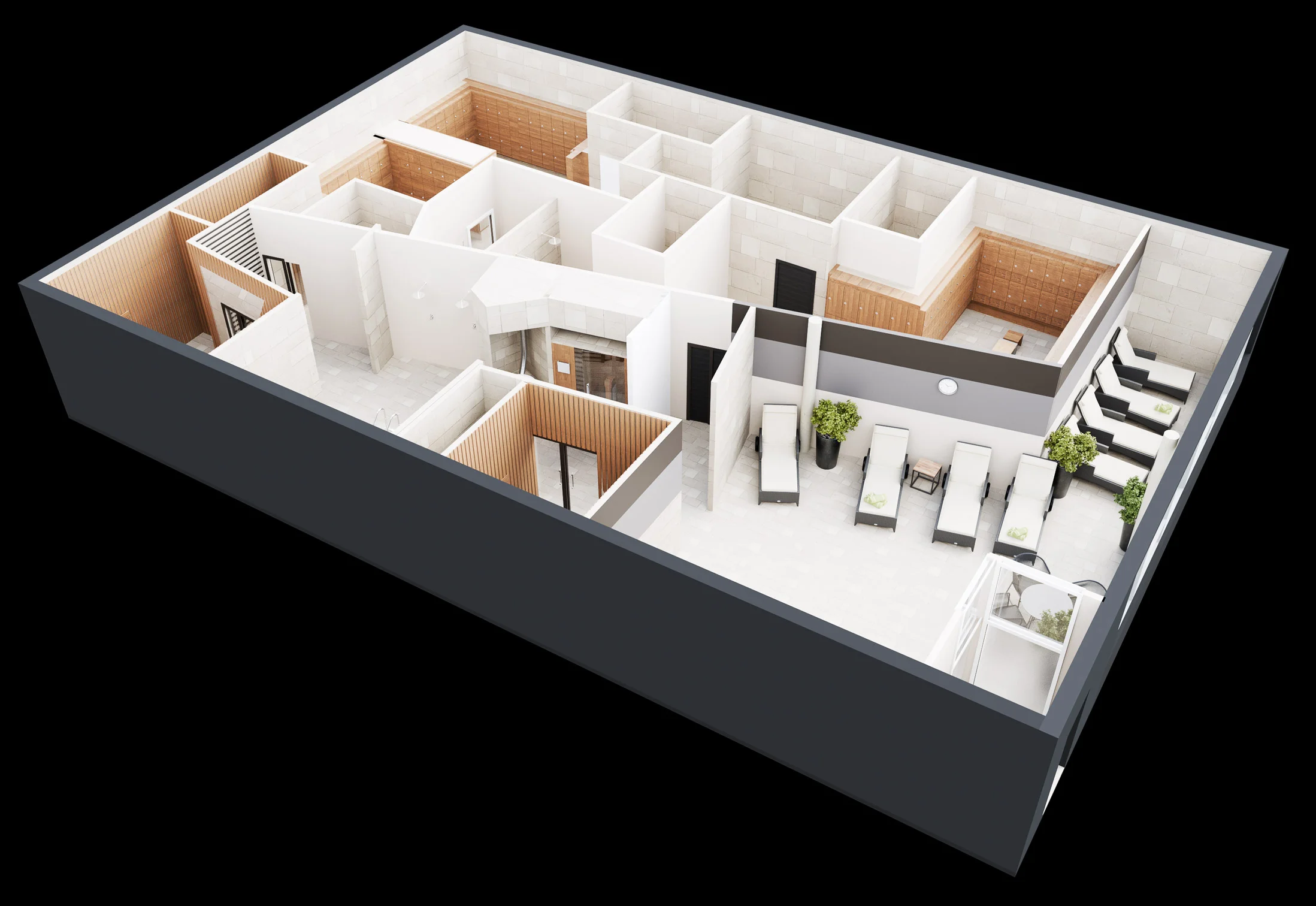 Grundriss: Wellness-Bereich mit Damensauna, Biosauna, Eisbad, Finnischer Sauna, Infrarotkabinen und Ruheraum